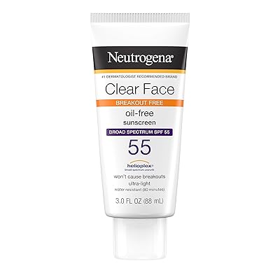 Neutrogena Clear Face Liquid Lotion Sunscreen for Acne-Prone Skin, Broad Spectrum SPF 55 with Helioplex Technology, Oil-Free, Fragrance-Free &amp; Non-Comedogenic, 3 fl. oz