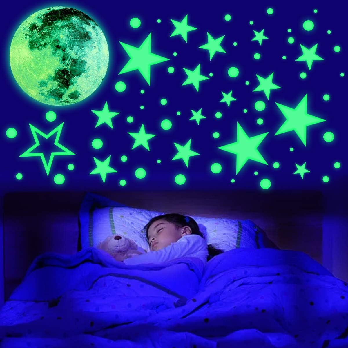 Glow in The Dark Ceiling Stickers 435PCS Luminous Fluorescent Dots Stars and Moon Space Wall