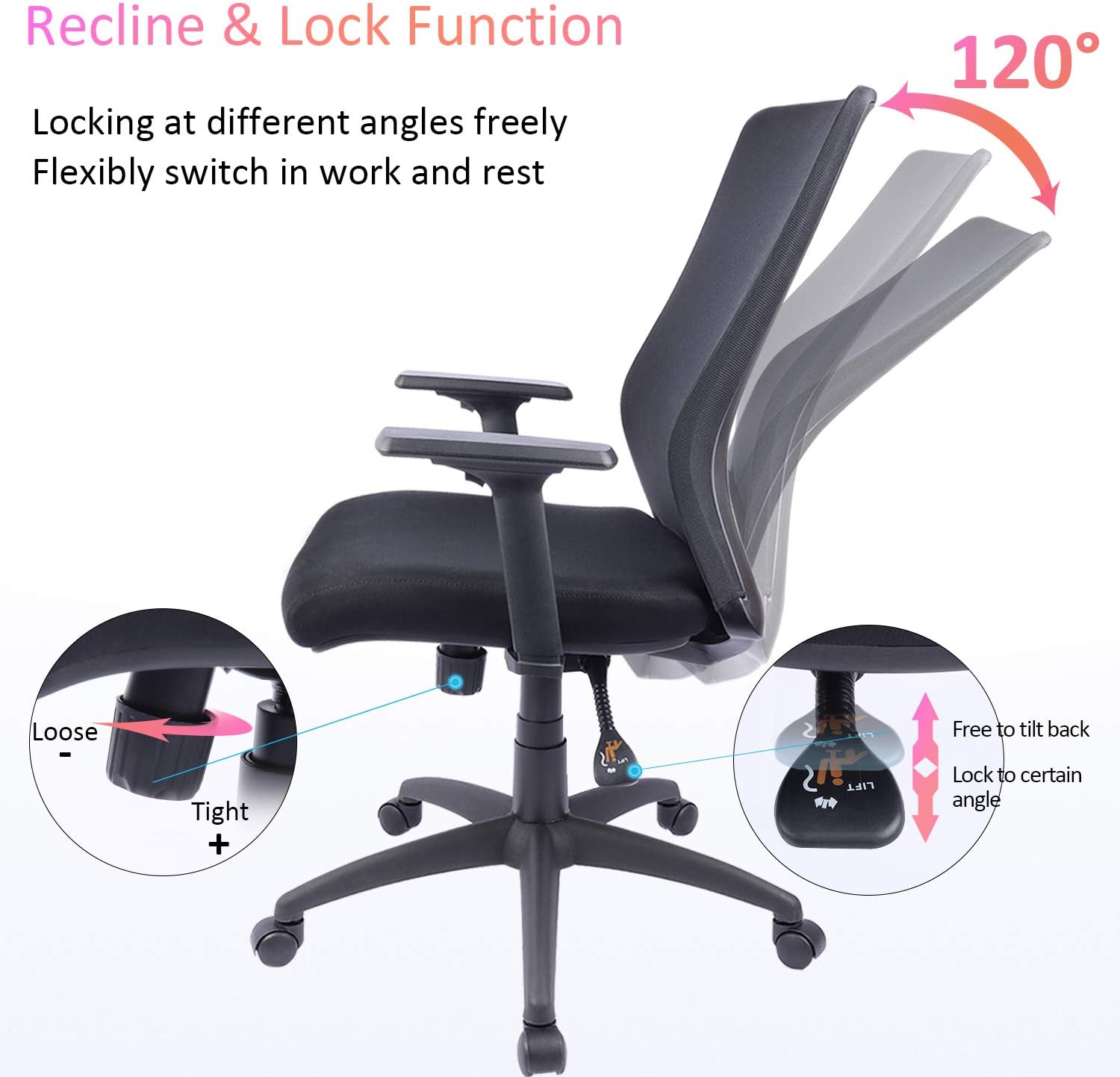 High-Back Ergonomic Office Chair Mesh Computer Desk Chair with Adjustable Arms, Seat Height and Lumbar Support (Black): Kitchen & Dining