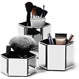 Beautify Mirrored Glass Hexagon Storage Pots for Makeup Cosmetics, Brushes, Jewelry and Accessories Set of 3 with Glass Cleaning Cloth