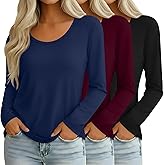 Ficerd 3 Pack Women's Long Sleeve Shirts Casual Scoop Neck Basic Tops Solid Layer T Shirts for Ladies