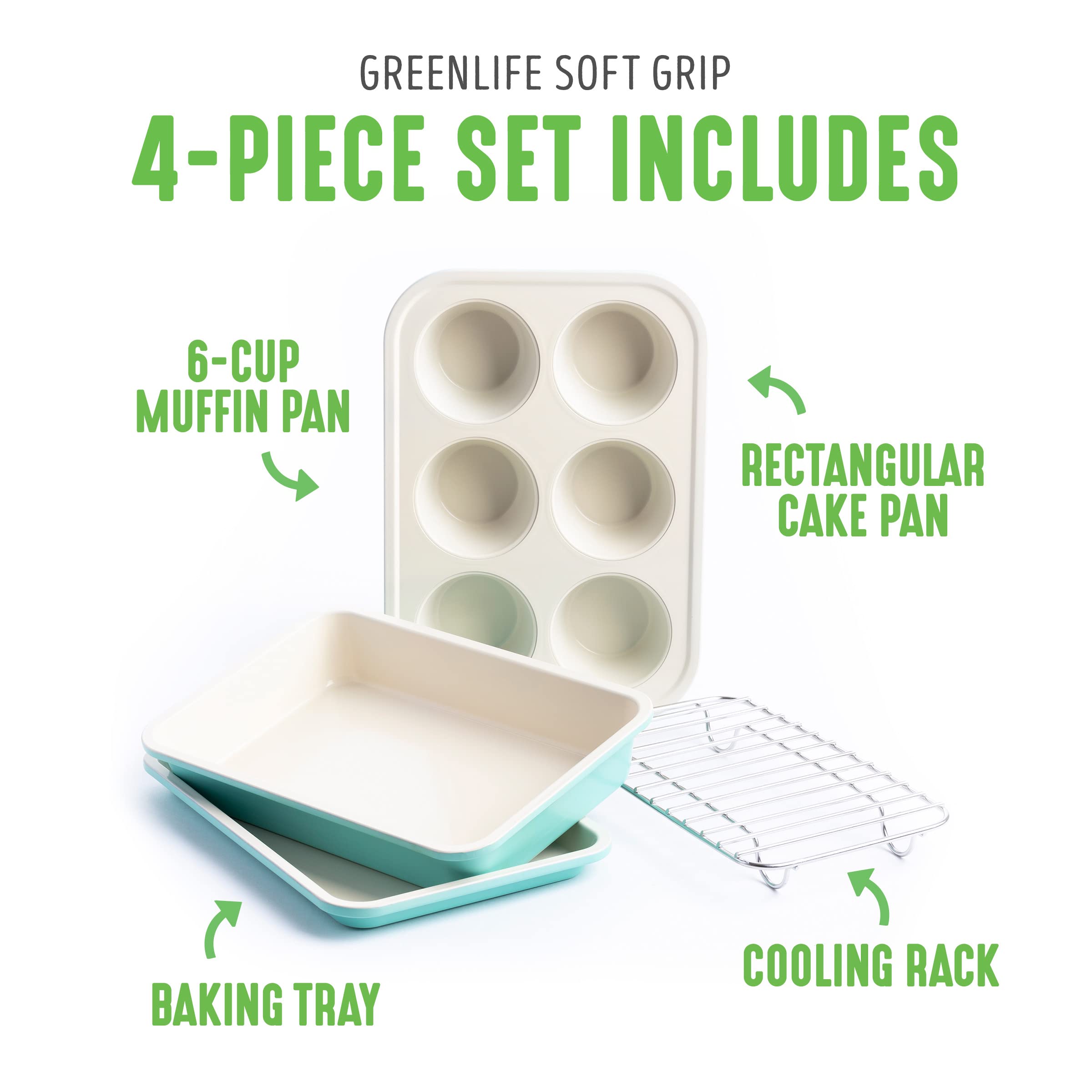 GreenLife Bakeware Healthy Ceramic Nonstick, 4 Piece Toaster Oven Baking Set with Cookie Sheet Muffin and Cake Pan, PFAS-Free, Turquoise