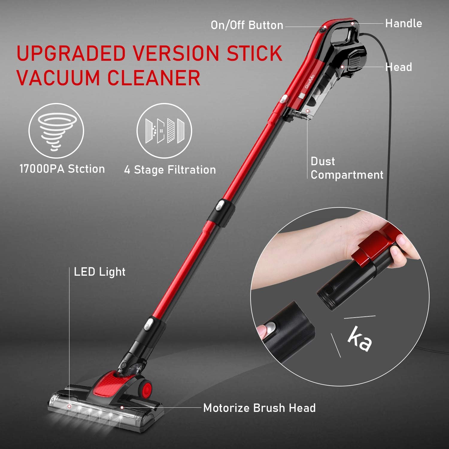 GeeMo Vacuum Cleaner, 4 in 1 Stick Vacuum 17Kpa Powerful Suction, with LED Electric Brush 1.2L High-Capacity Quiet Vacuum, with HEPA Quadruple Filter for Deep Clean Pet Hair Carpet Hard Floor - H595 -