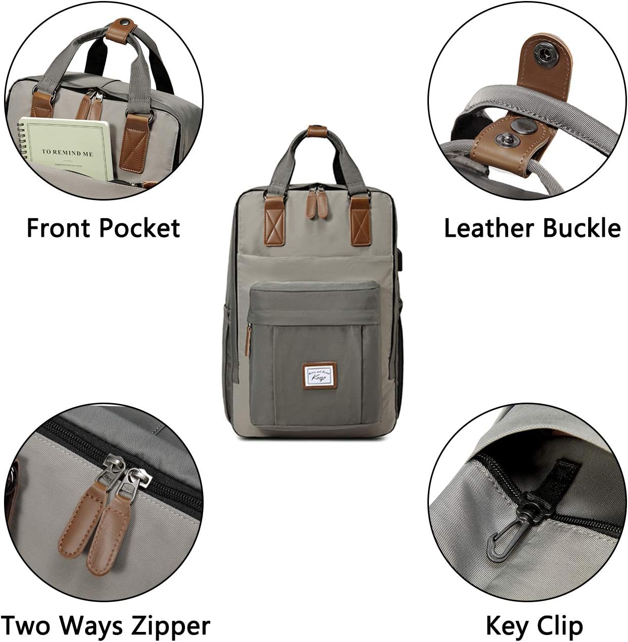 Kasgo School Backpack for Men Water Resistant 15.6 inch Laptop Rucksack with USB Charging Port Bookbag Casual Daypack for Women Teenagers College Travel Work (Grey) - Image 5