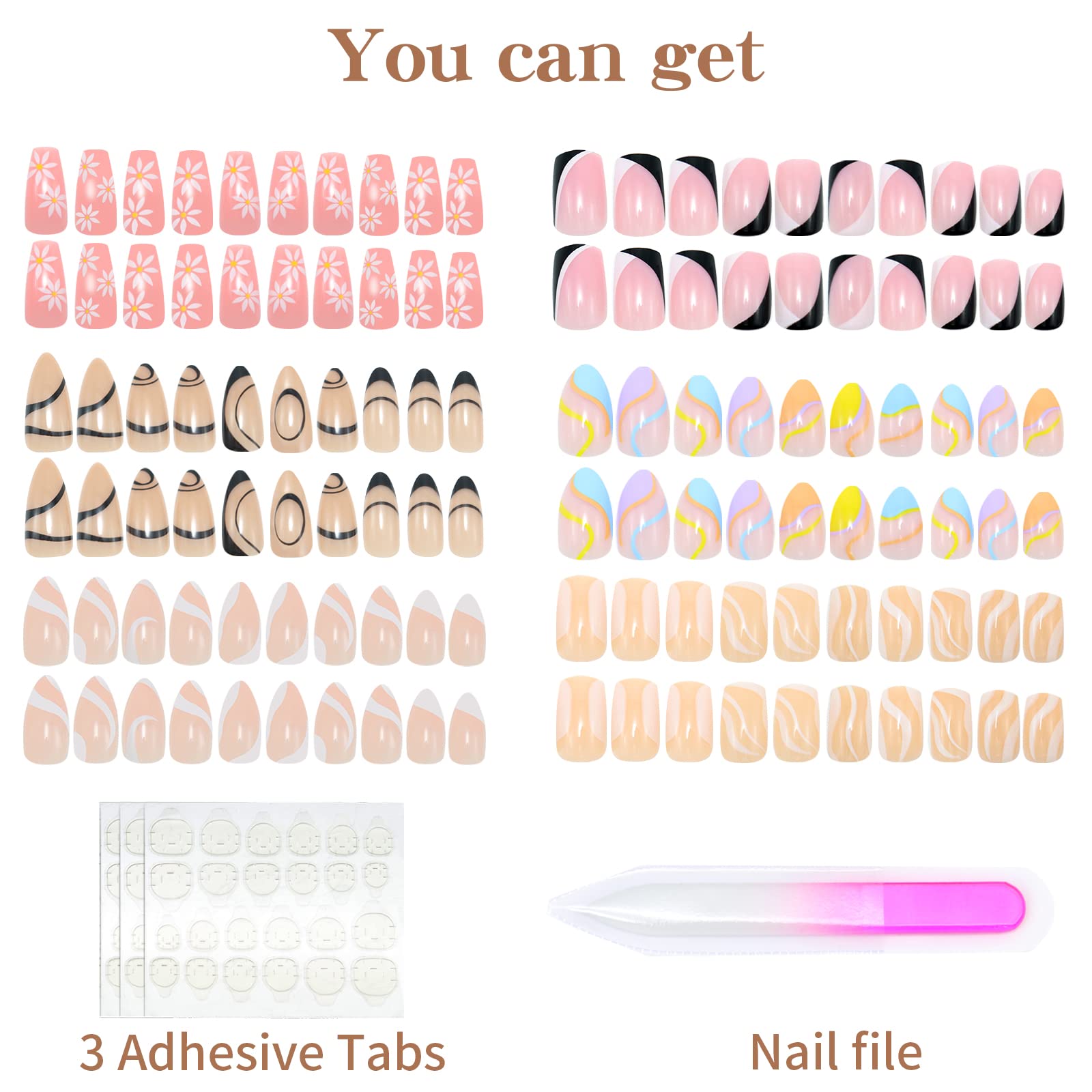 6 Packs (144 Pcs) Press on Nails Medium Design, Misssix Fake Nails Almond and Square Glue on Nails Set with Adhesive Tabs Nail File for Women - Image 2