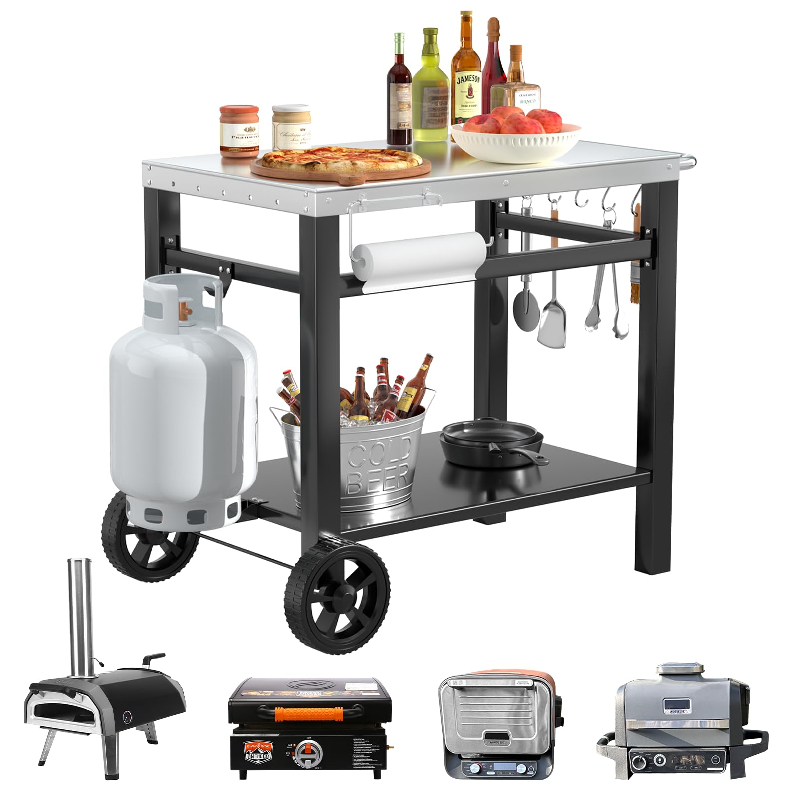 34x21IN Outdoor Grill Table, Grill Stand Cart for Ninja Woodfire & Blackstone Griddle, Pizza Oven Table for Outside, Extra-Wide Stainless Steel Cart with Wheels for Kitchen Table Barbecue Tool Set Image