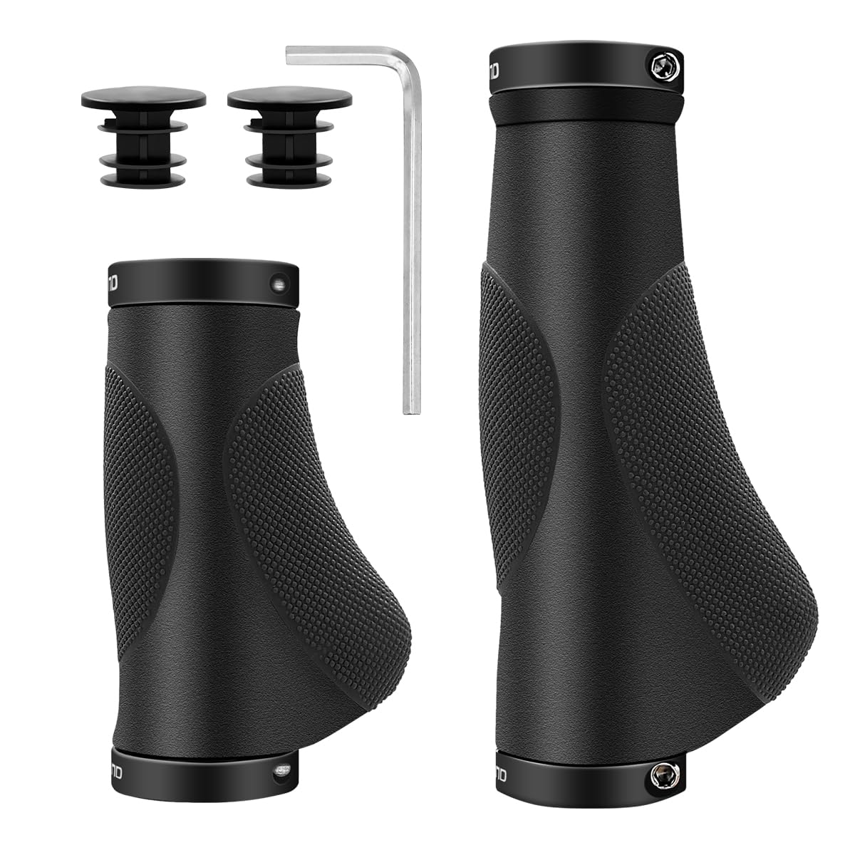 HNOOM 1 Pair Ergonomic Bike Handlebar Grips, Universal Mountain Bike Grips 22.2mm, Non-slip Rubber, Bicycle MTB Grips Shockproof Waterproof with Aluminum Double Lock-On, BMX Grips (Black (130mm+95mm))