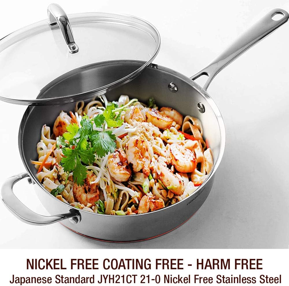 HOMICHEF 9.5 Inch Nickel Free Stainless Steel Saute Pan With Lid Induction Oven Safe - Premium Mirror Polished Copper Band Stainless Steel Pan With Glass Lid - 2.5 Quart Non Toxic Cookware Pans: Kitchen & Dining