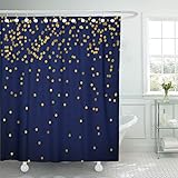Emvency Fabric Shower Curtain with Hooks Navy Confetti New Year Golden on Nevy Blue Gold Polka Dots Yellow Border White Black 60"X72" Decorative Bathroom