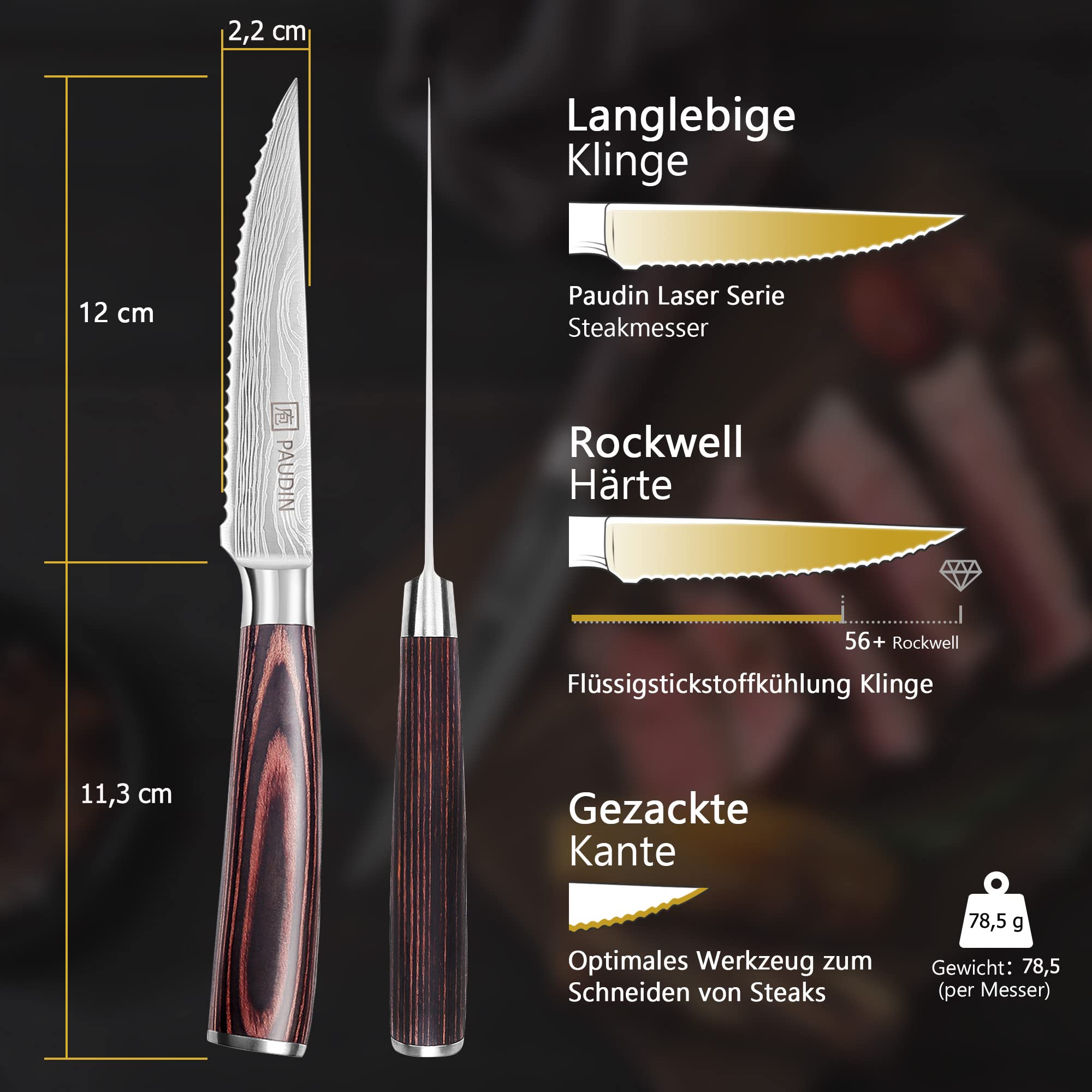 PAUDIN Steakmesser 6-teiliges Set, hochwertiger deutscher Edelstahl Steak Messer, ultrascharfe gezackte Klinge und ergonomischer Holzgriff, Tafelmesser mit Geschenkbox 2