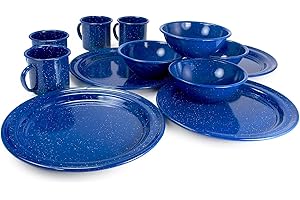 GSI Outdoors Sierra Enamel Table Set for Four with Bowls, Plates and Cups for Camping