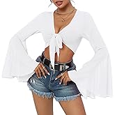 Mesh Tops for Women Bell Sleeve Rave Outfits Tie Front Crop Top Long Sleeve Shirt Sheer Blouse Festival
