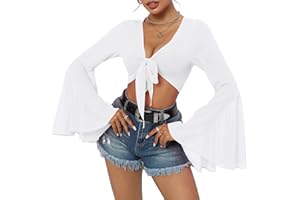 CENTURY STAR Mesh Tops for Women Bell Sleeve Rave Outfits Tie Front Crop Top Long Sleeve Shirt Sheer Blouse Festival