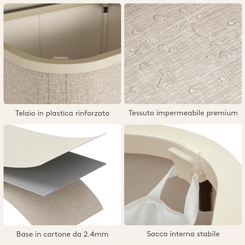 Cesto Portabiancheria, Cesta Panni Sporchi con coperchio, Laundry Basket con Plastica Manici, Porta Biancheria Sporca per Bagno, Lavanderia, Camera da Letto, 55 L, Beige