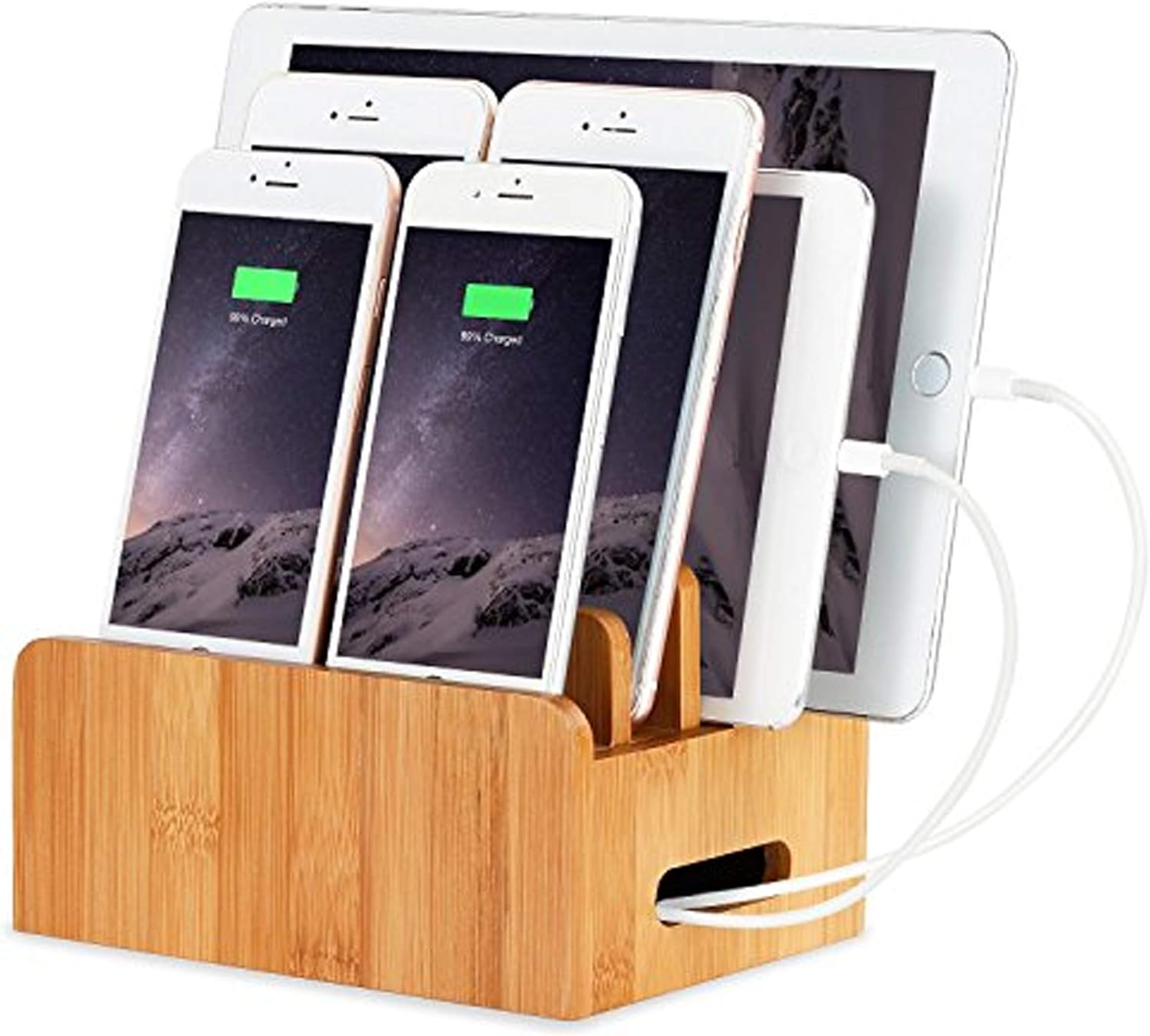 XPhonew Bamboo Wood Desktop Multi-device Cords Organizer Stand and Charging Station Charger Dock Cradle Holder for iPhone 14 13 12 11 Pro Max XS iPad Mini 4 5 Samsung OnePlus LG Smartphones and Tablet