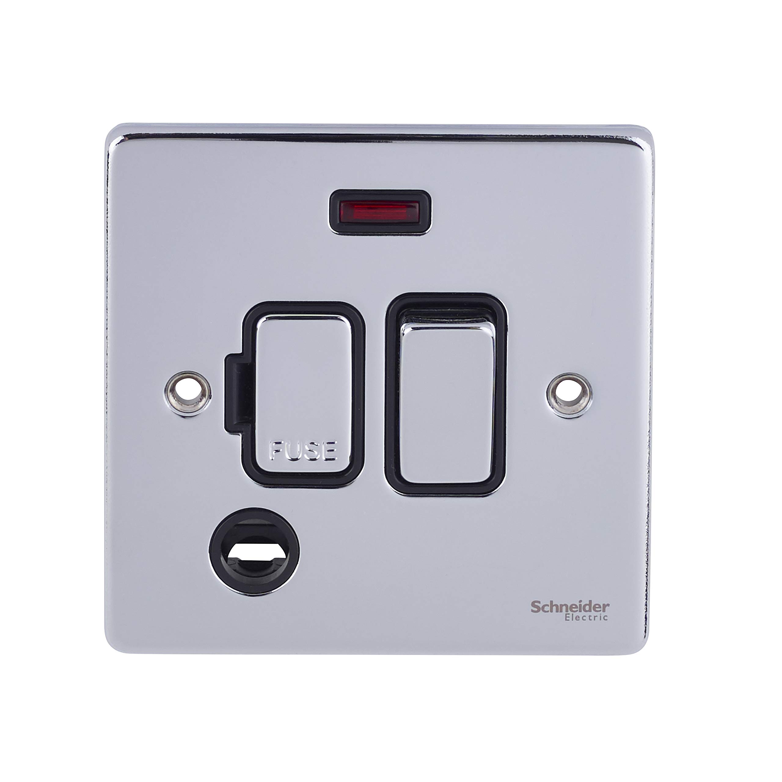 Schneider Electric Ultimate Low Profile - Switched Fused Connection Unit, with Flex Outlet and Neon Indicator 13A, GU5514BPC, Polished Chrome with Black Insert