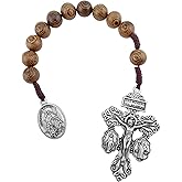 Generic Catholic Prayer Pocket Rosary Pardon Crucifix Saint Michael the Archangel Medal Wooden Beads Corded Rosary Virgin Mary Medal St Benedict Medal Tenner One Decade Rosary, Brown