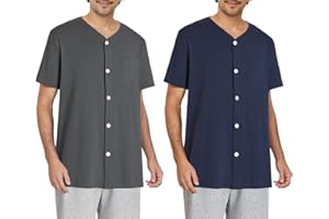 Esenchel Men's Button Up Pajama Shirt Cotton Sleep Top 2 Pack