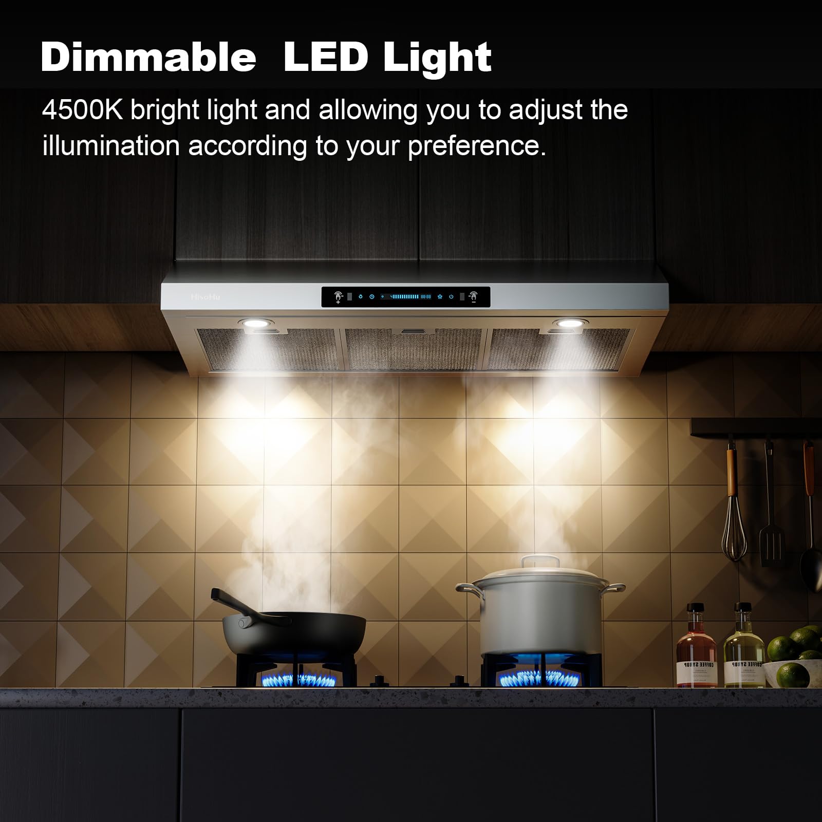 HisoHu 30 Inch Under Ducted Cabinet Range Hood with 1200 CFM, 4 Speed Gesture Sensing Kitchen Exhaust Hood & Touch Control Panel, Stainless Steel Stove Vent Hood with 2 LED Lights