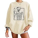 Meladyan womens Halloween Skull Graphic Print Fleece Oversized Sweatshirt Crewneck Long Sleeve Drop Shoulder Pullover, Apricot, Small