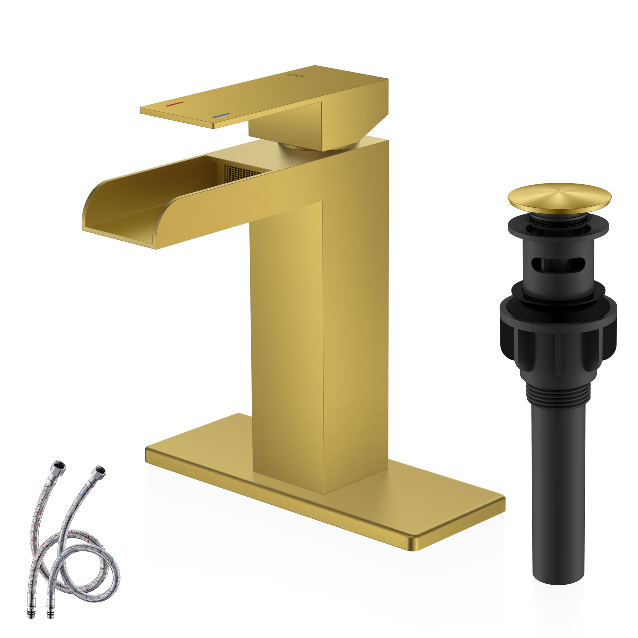 KENES Brushed Gold Waterfall Bathroom Faucet, Modern Single Hole Faucet ...