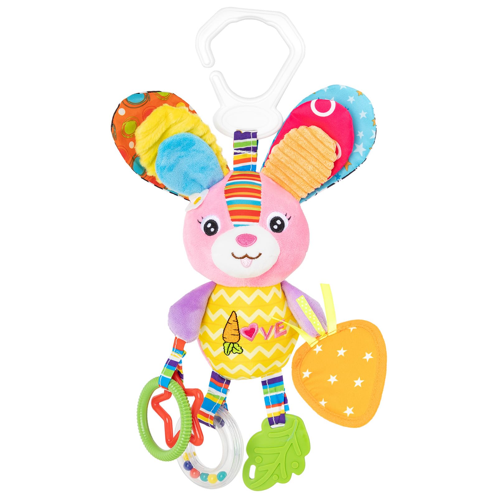 Funsland Pram Toys for Babies 0-6 Months, Clip On Car Seat Stroller With Hanging Rattle, Newborn Sensory for Baby Girls and Boys, Crib Travel Activity Plush Gift for Toddler 6-12 Months