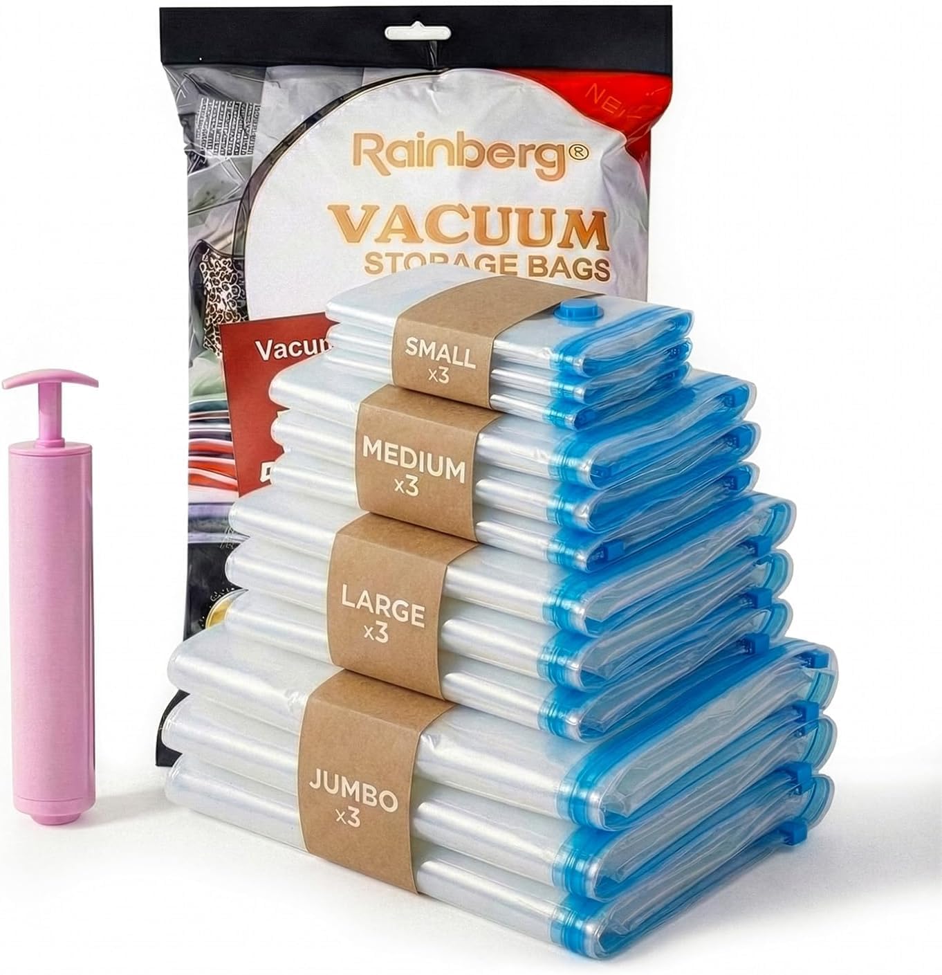 Rainberg 12 Pack Vacuum Storage Bags (S, M, L, XL – 3 Each) Home and Travel Vacuum Bags with Pump featuring Double Zip Seal & Triple Seal Turbo-Valve for Maximum Space Saving, Up to 80% More Space