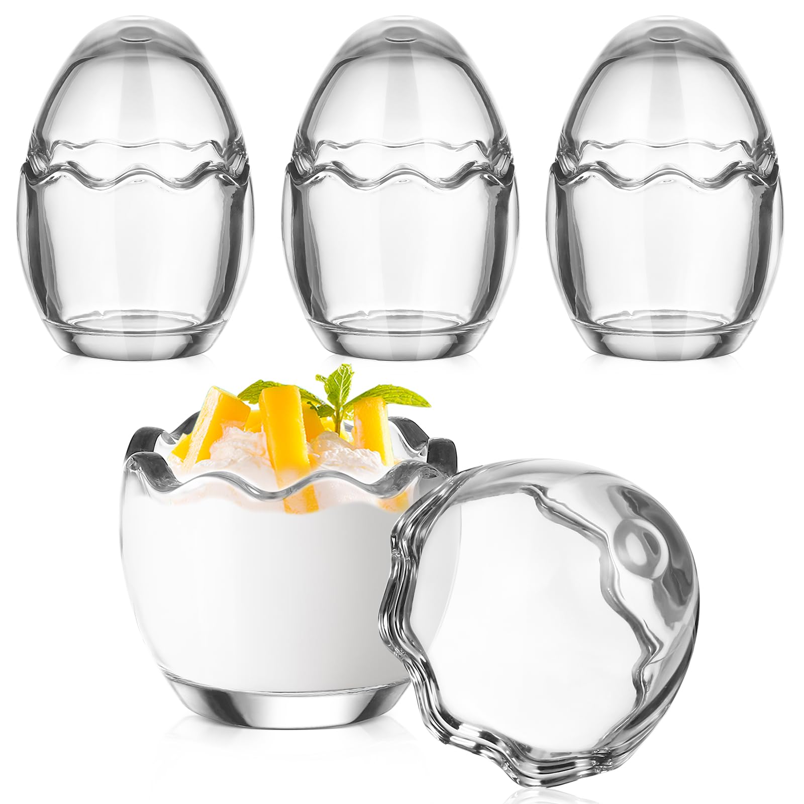 Happyyami 4pcs Clear Egg Shaped Pudding Cups with Lid Cake Dessert Cups Small Glass Bowls Ice Cream Bowls Parfait Appetizer Cup for Sundae Snack Cocktail 100ML