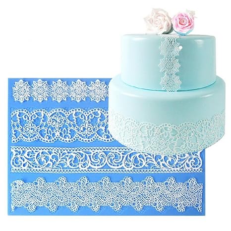 Silikonform zur Anfertigung von Fondant-Spitzenborten für Torten, europäisches Design, Blumen-Motive, Gr. L: 39,5 x 27,3 cm, 