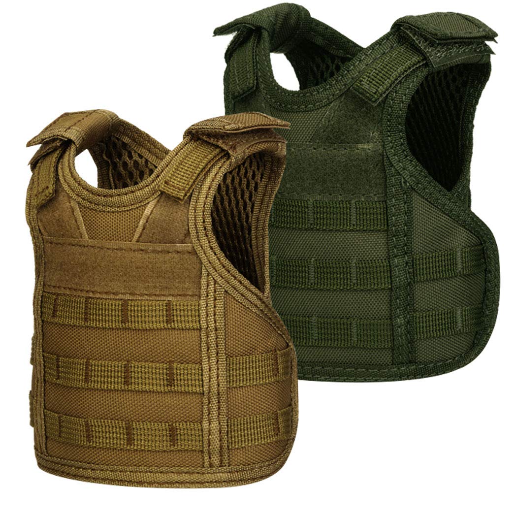 AOUTACC Mini Tactical Beer Vests, Molle Beer Cooler Jacket Adjustable Drink Bottle Vests Holder Beverage Cooler Holder for 12oz or 16oz Cans or Bottles (2 Pack, Khaki + Green)