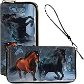 ACWDMKH Ladies Wallet,Clutch Purses for Women Wallets Leather Credit Card Holder for Women Wristlet Slim Small Cute with Zipper,Thin RFID Blocking with Wrist Strap,Black Red Horse