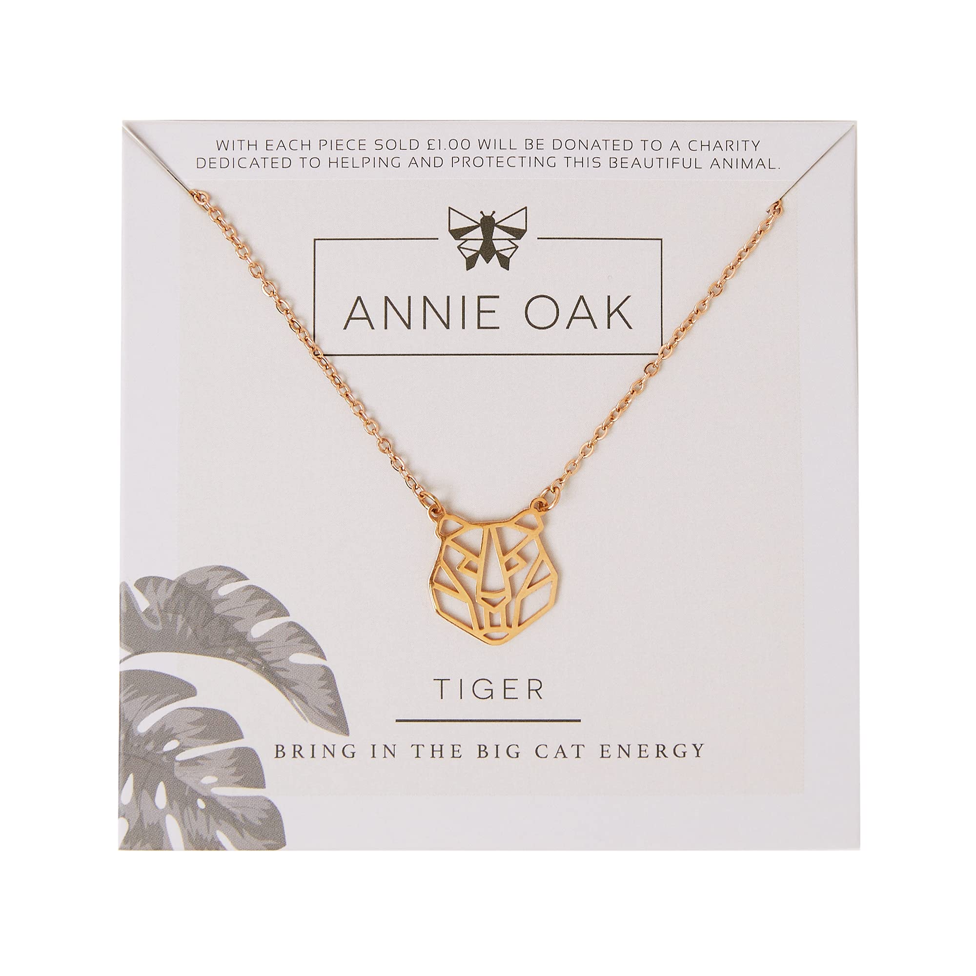Annie Oak Womens 316L Stainless Steel 18k Rose Gold Geometric Tiger Head Princess Length Necklace