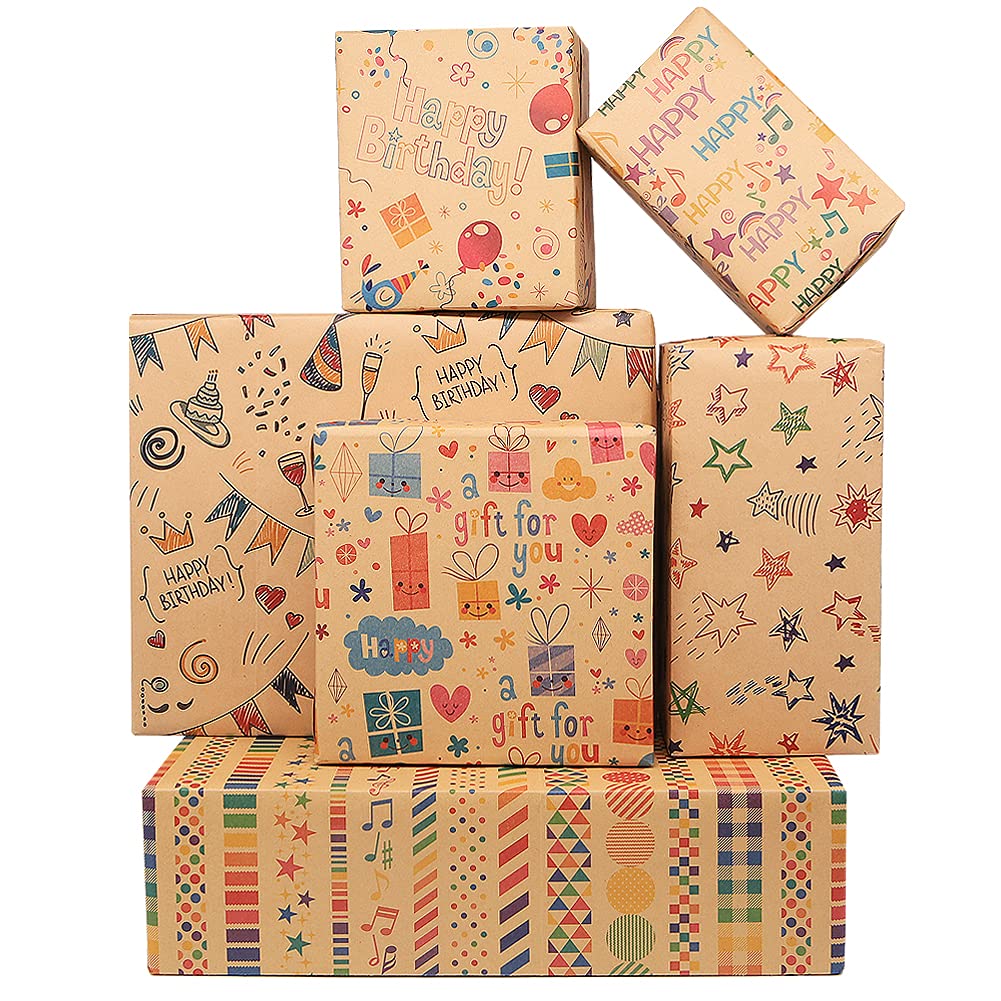 Kraft Wrapping Paper Happy Birthday,12 Sheets Folded Gift Wrapping Paper with Jute Strings,Stickers and Tags,Brown Recycled Gift Wrap for Birthday Occasions,50x70cm