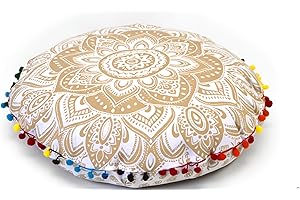 CRAFT KALA 22" in Round Mandala Boho Pillow Meditation India Seating Poufs for Living Room Yoga Room Home Décor Bedroom Balcony Garden Party Decoration Cotton Floor Cushion Cover (White Gold Flower)