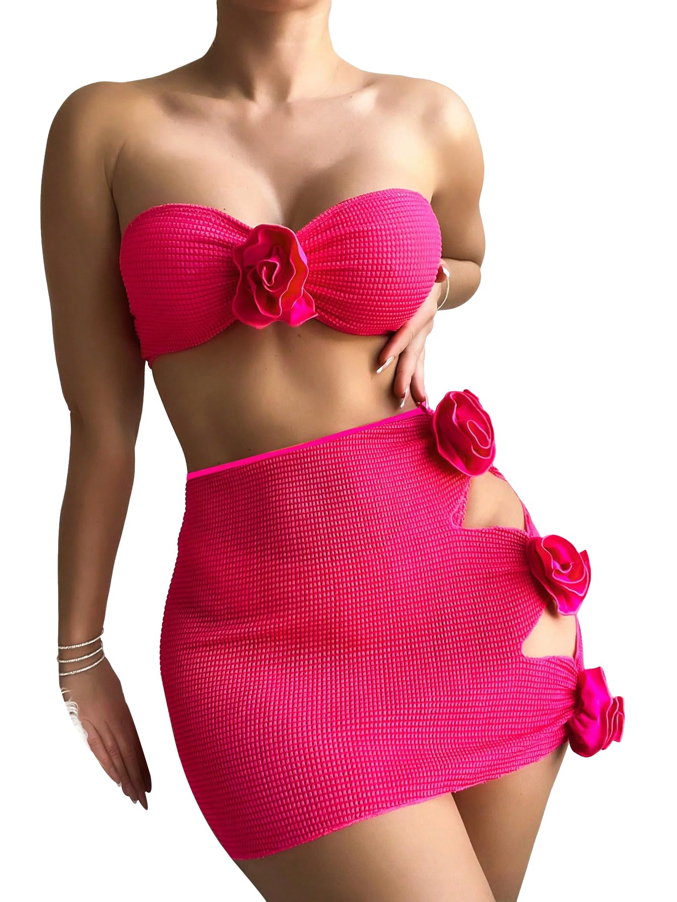 Photo 1 of **Top Only** SweatyRocks Women's 3 Piece Bathing Suit Floral Design Strapless High Cut Bikini with Cover Up Skirts Swimsuit Hot Pink Small