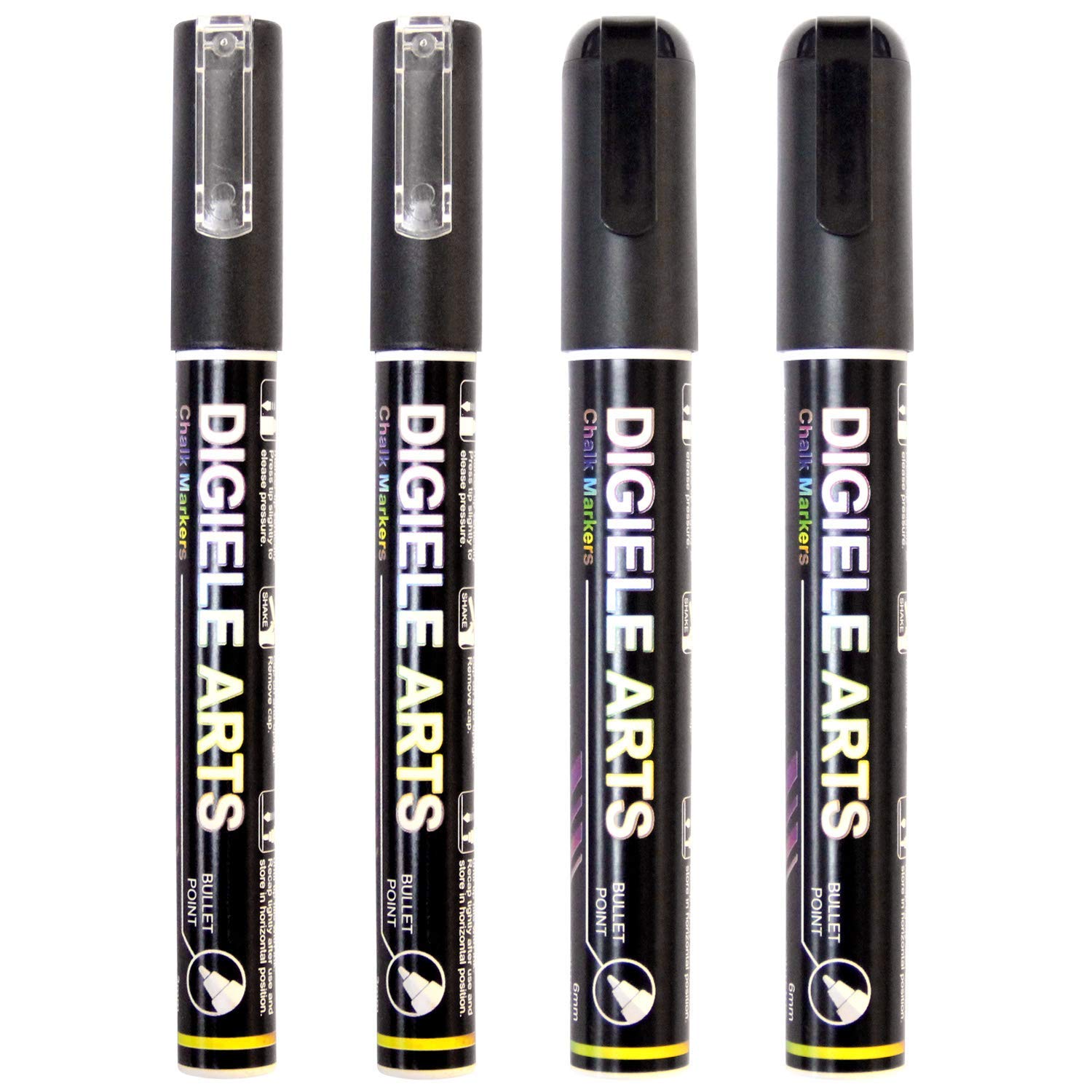 DIGIELE Black Chalk Marker, 2pcs 3mm & 6mm Liquid Chalk Pens for Whiteboard, Window, Glass & Mirror, Dry or Wet Wipe Erase, Reversible Bullet & Chisel Tip