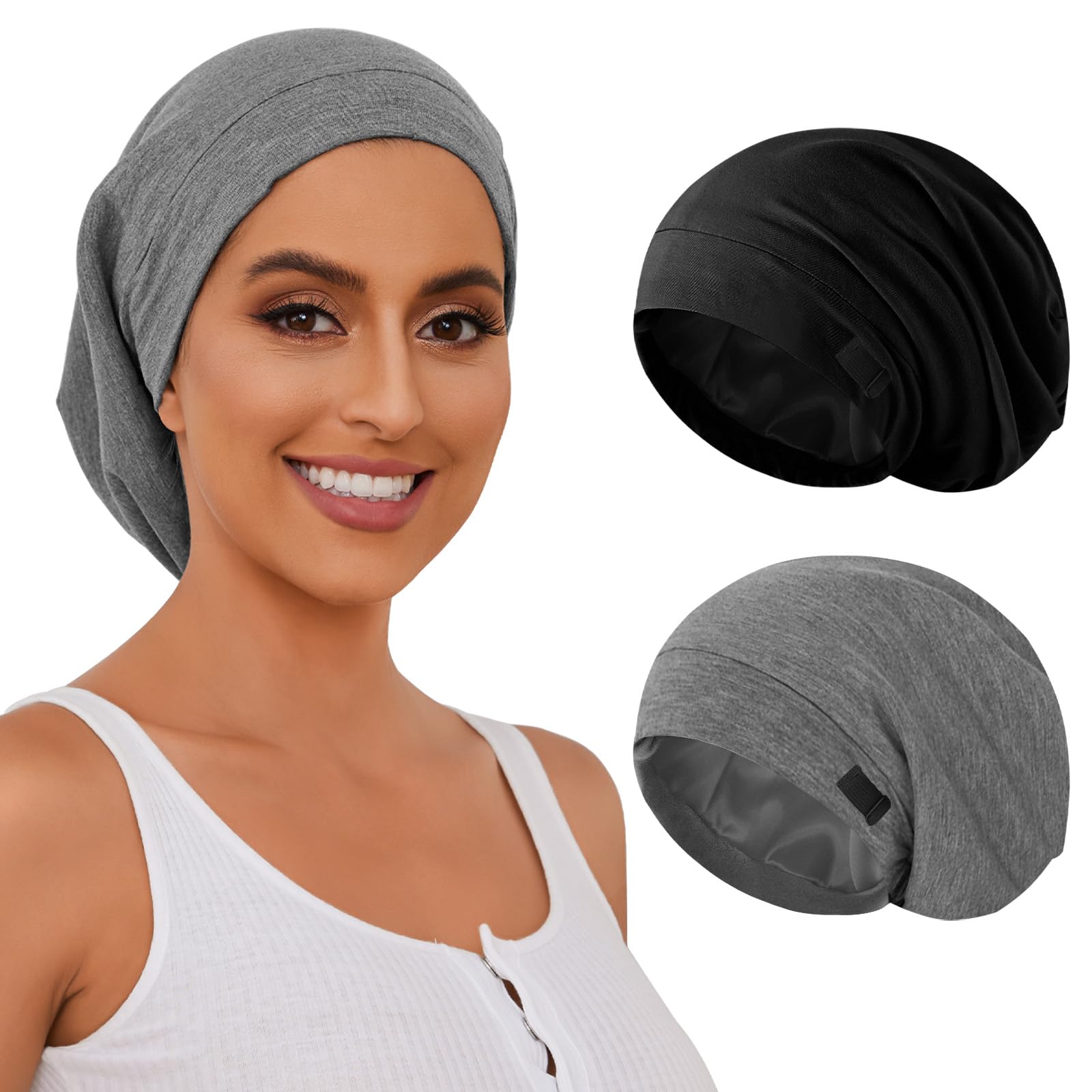 Photo 1 of ZHENSILK Silk Satin Bonnet Satin Lined Sleep Cap Hair Wrap for Sleeping Hair Cover Slouchy Beanie Hat for Women Men 2PCS(Black&Grey)