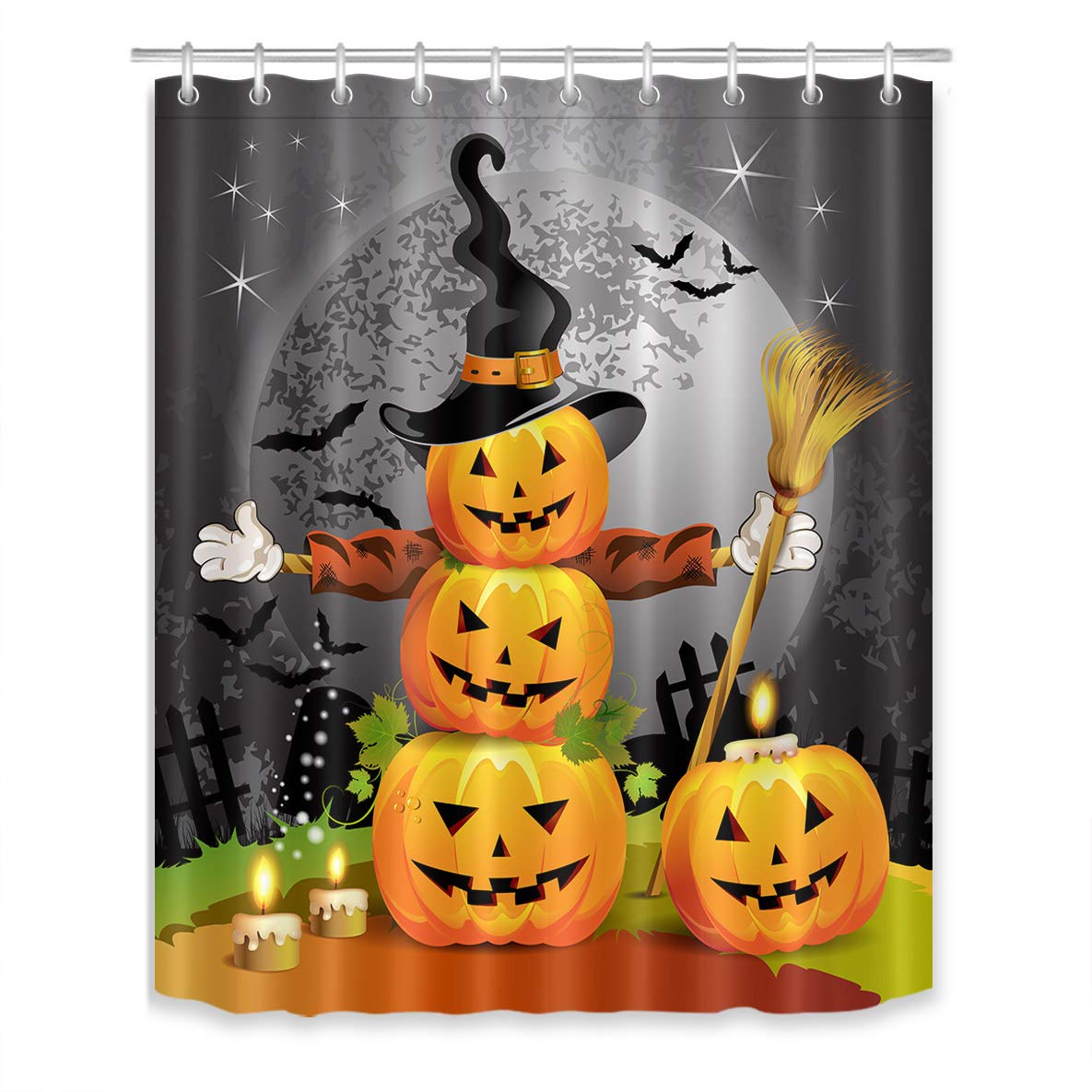 LB Halloween Pumpkins Shower Curtain Set Magic Hat Ghost Broom Bathroom Curtain Party Decor,Bath Curtain Hooks Include,60x72 inch Waterproof Fabric Antibacterial Mildew Resistant