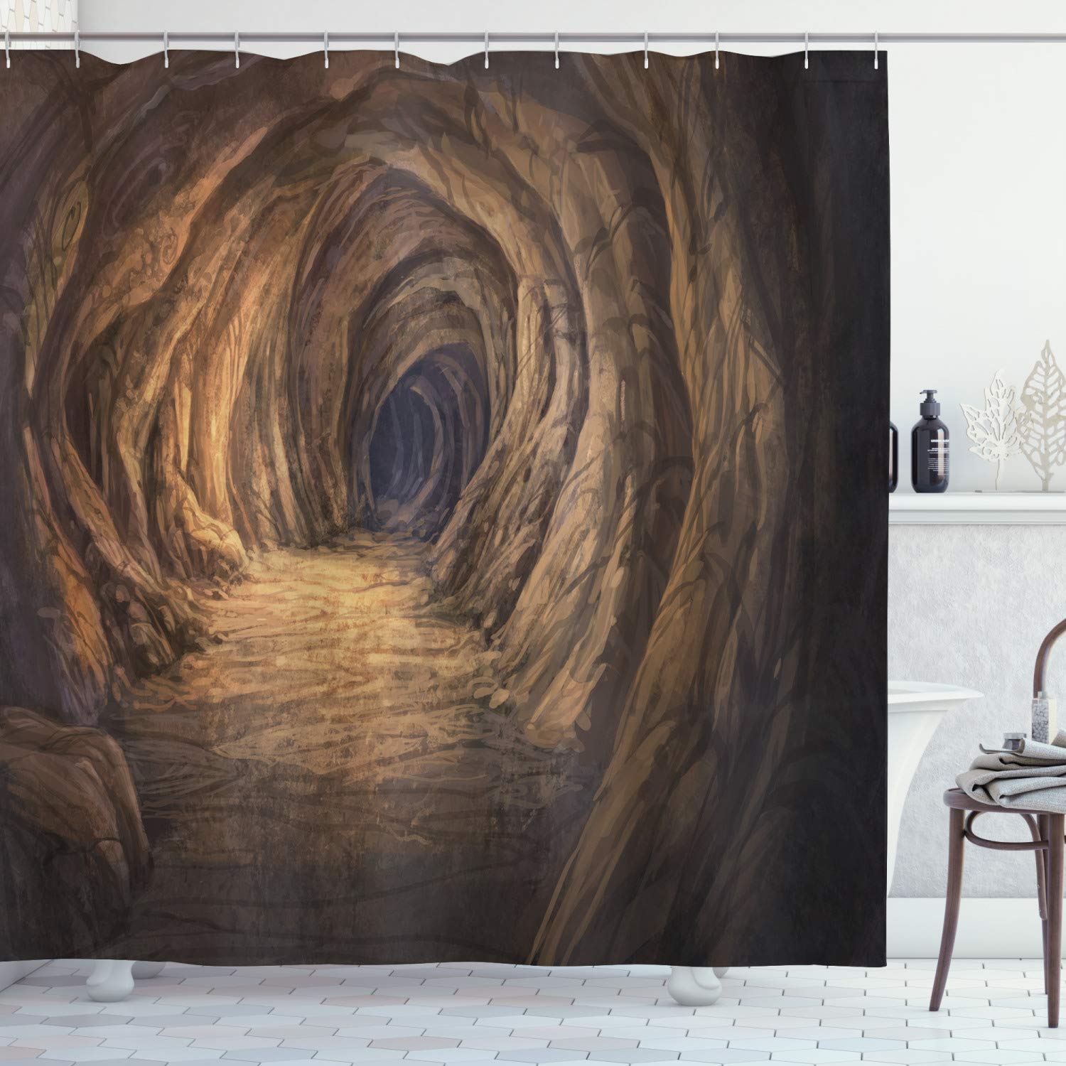 ABAKUHAUS Cave Shower Curtain, Geologic Formation in Digital Painting Style Subterranean Tunnel with a Gate, Cloth Fabric Bathroom Decor Set with Hooks, 86 Inches Extra Long, Pale Brown — image 1