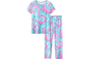 Topgal Little & Big Girls Long Sleeves & Pants Tie Dye Tropical Flowers Leaves Pajamas Kids PJ Set Sleepwear Size 6-18