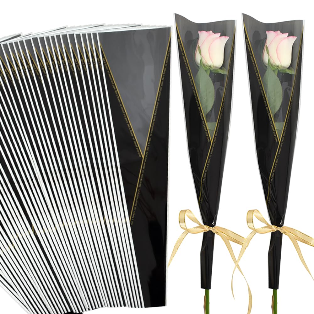 BEISHIDA 100PCS Single Rose Sleeve Single Flower Wrapping Bags Single Rose Packaging Cellophane Flower Sleeves for Florist Bouquet Supplies Mother's Day Valentine's Day (Black and Gold Letter)