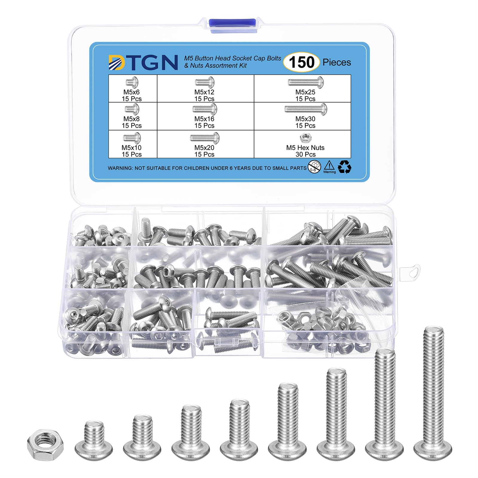 DTGN 150Pack M5(D) Button Head Socket Cap Screws Nuts Kit - 6/8/10/12/16/20/25/30mm(L) Hex Socket Cap Bolt Nut Assortment - 304 Stainless Steel Full Thread - Good for Machine