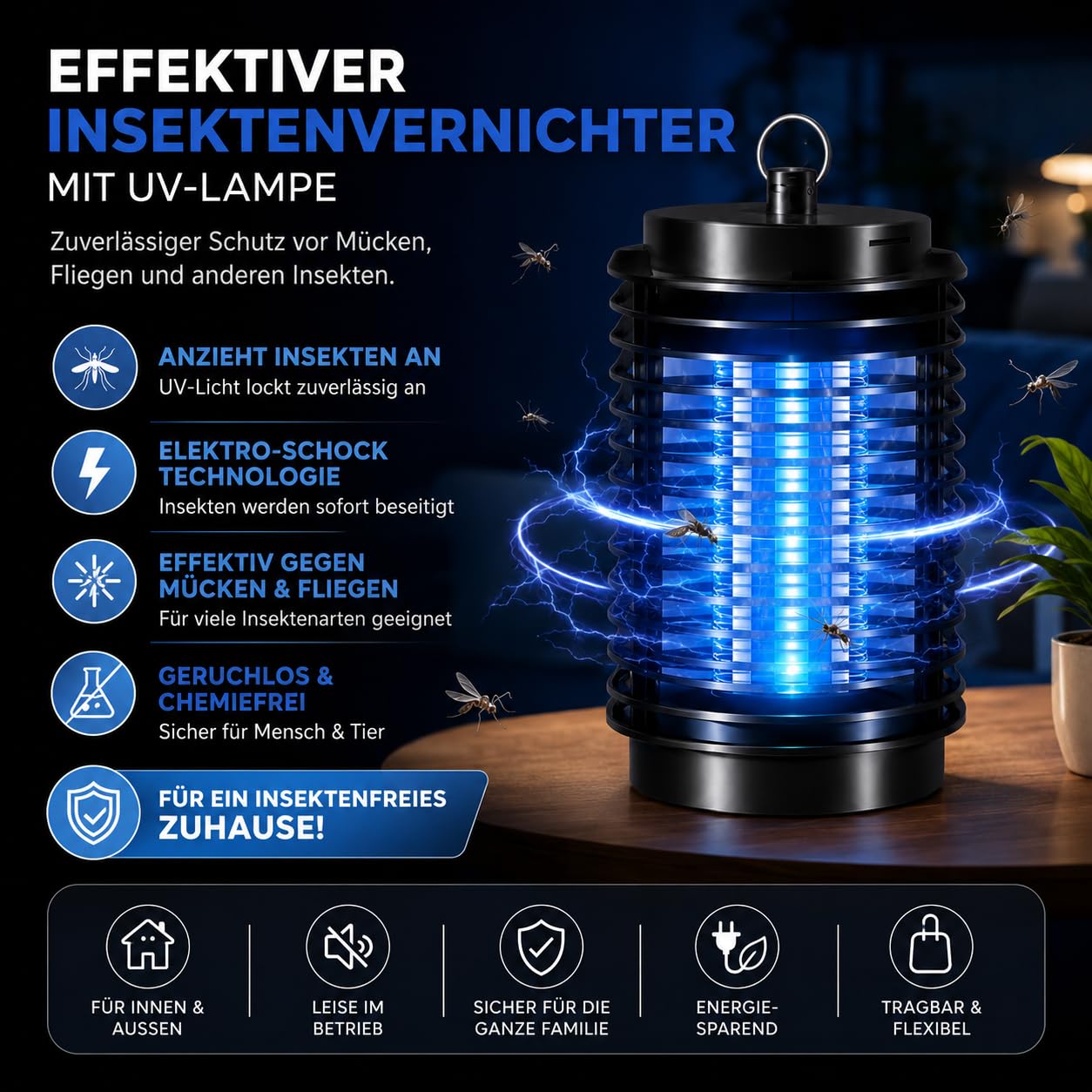 Elektrischer Insektenvernichter mit UV-Lampe – effektive Mückenlampe zur Abwehr von Moskitos, Fliegen und weiteren Insekten – zuverlässige Mückenfalle Fliegenfalle/Mückenabwehr (Rund) 4