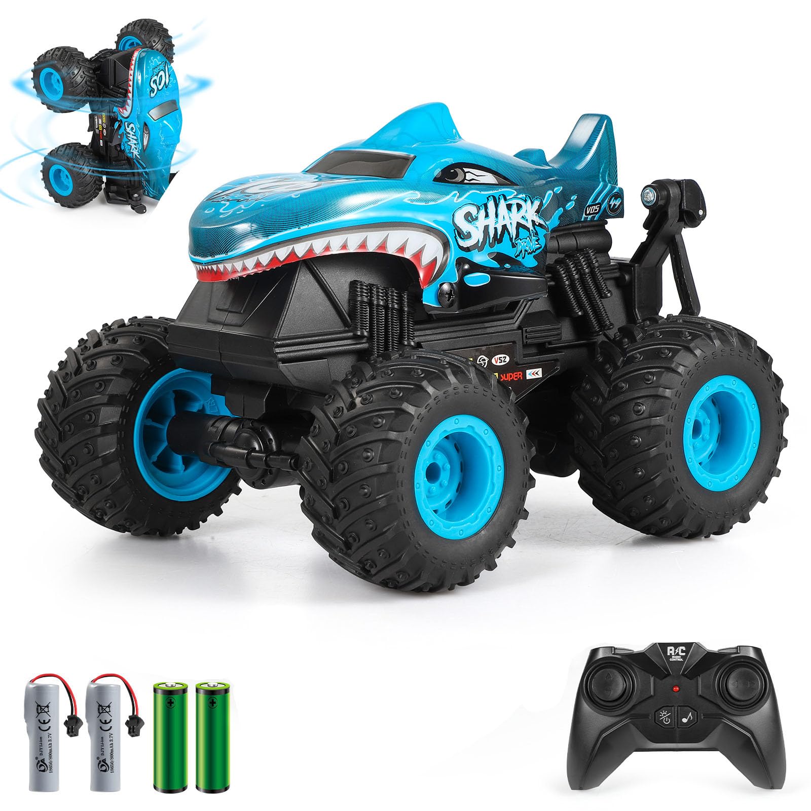Photo 1 of DYODYORC Remote Control Car, 2.4Ghz All Terrain Shark Monster Truck Toys, RC Truck with Music, 3 Lighting Effects, 360 Stunt Capable, All Included Ready to Run, Toy Gifts for Boys and Girls (Blue)