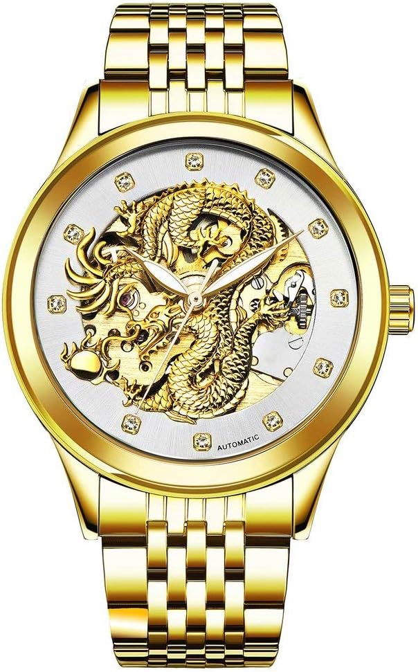 Gold Dragon Waterproof Automatic Mechanical Wrist Watches Stainless Steel Men's Watch Skeleton Luminous Hands