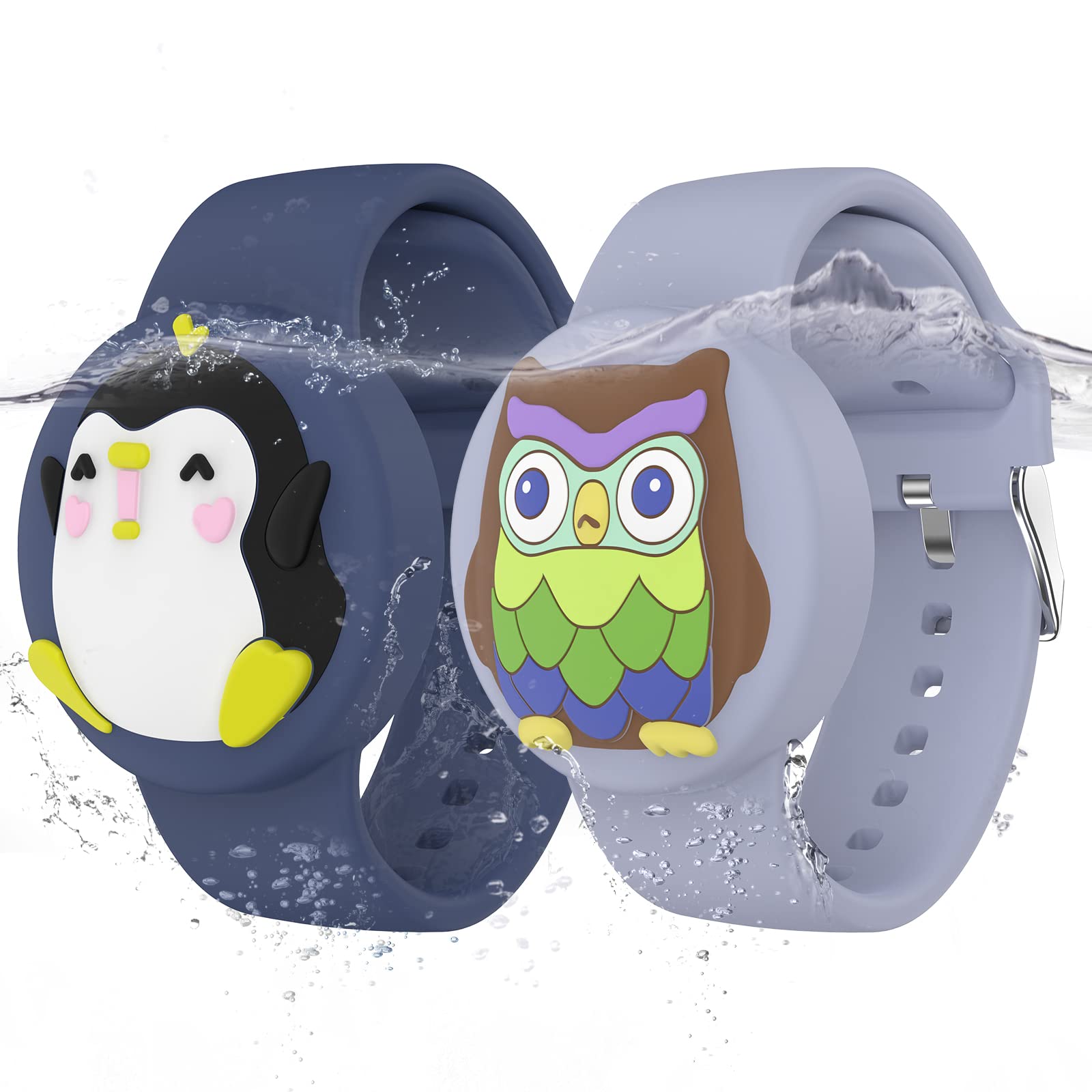 Photo 1 of Waterproof Air tag Bracelets for Kids (2 Pack) - Soft Silicone Hidden Air tag Wristband - Lightweight GPS Tracker Holder Compatible with Apple Airtag Watch Band for Child (Owl & Penguin)