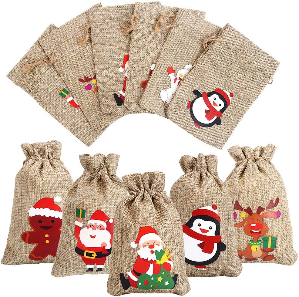 VEYLIN 12 Pieces Small Line Jute Drawstring Gift Bags Christmas Burlap Pouch for Party Favor Wedding Supplies