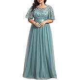 Ever-Pretty Women's Round Neck Short Sleeves Plus Size A-Line Tulle Sequin Formal Evening Dresses Dusty Blue US18