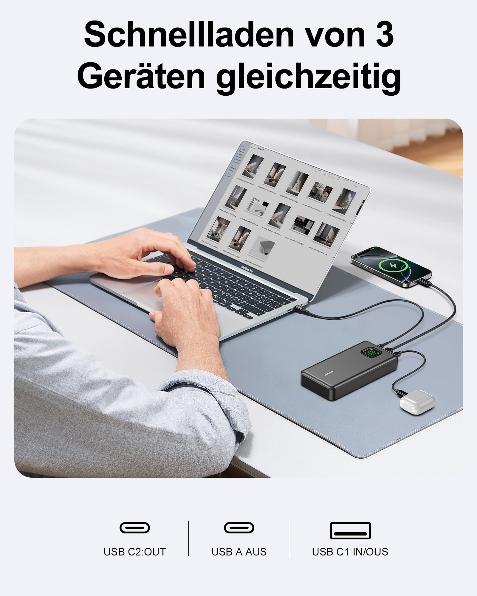 ANSODY Power Bank 65W 25000mAh Powerbank Laptop Klein Aber Stark, 100W Max Externe Handyakkus LED Display USB C Input&Output, Akkupack für iPhone 17 16 15 14 Xiaomi iPad Travel Camping Outdoor (Gray) 3