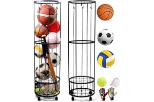 Upgrated Ball Storage Rack with Small Bottom Ball Holder, 3 Adjustable Elastic Cords Sports Equipment Organizer, Wall-Mounted